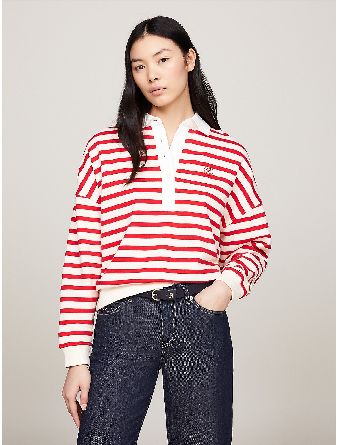 Shop Tommy Hilfiger Relaxed Fit Breton Stripe Rugby Polo In Calico/fierce Red Stripe