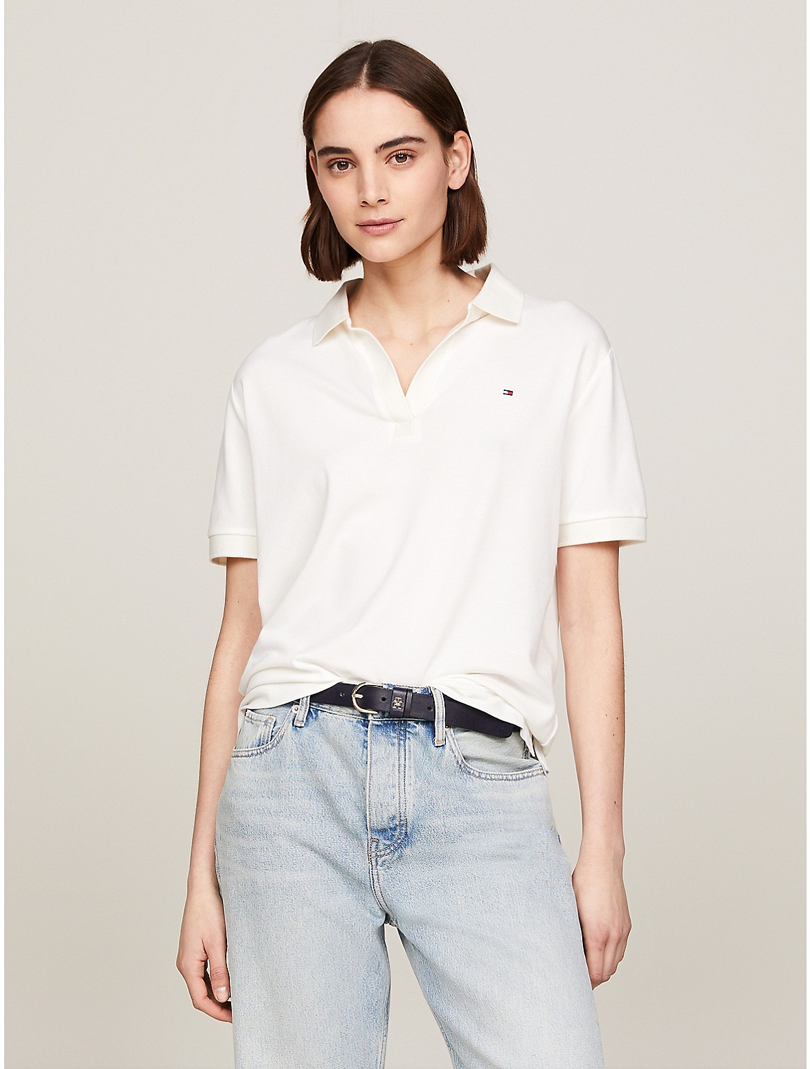 Shop Tommy Hilfiger Relaxed Fit Open Placket Polo In Ecru