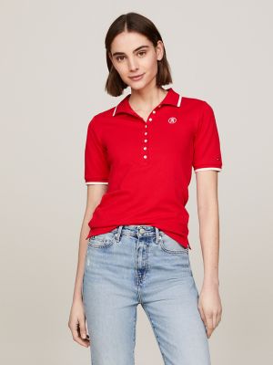 Tommy Hilfiger Women's Faux Suede Trim Henley Top Red Size X-Large