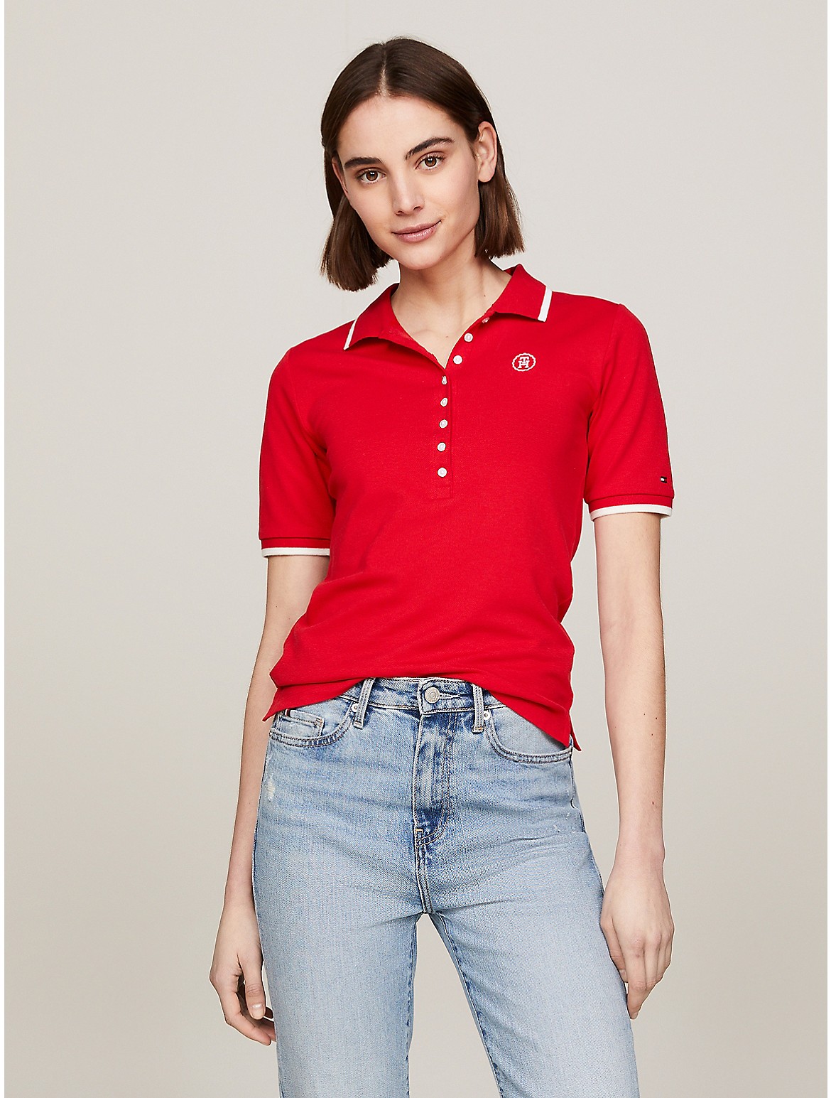 Shop Tommy Hilfiger Slim Fit Tipped Th Monogram Polo In Fierce Red