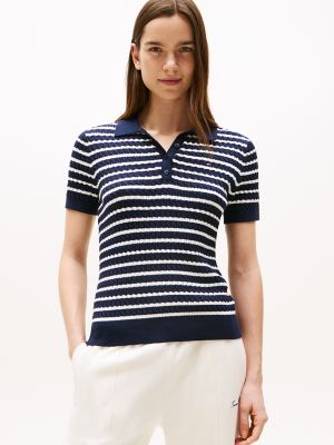 Short-Sleeve Cable Knit Polo Sweater, Dark Night Navy / Ivory Stripe