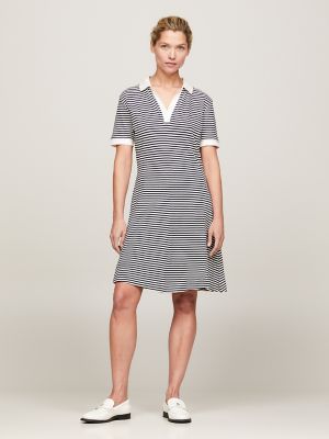 Open Placket Stripe Polo Dress, Breton Ecru/Navy
