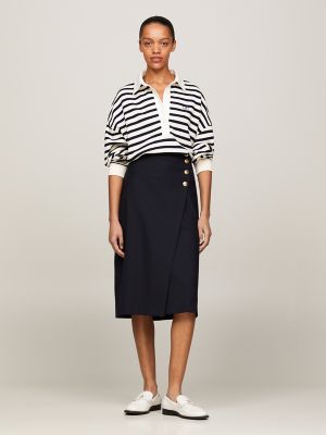 Monogram Button Wrap Midi Skirt, Navy