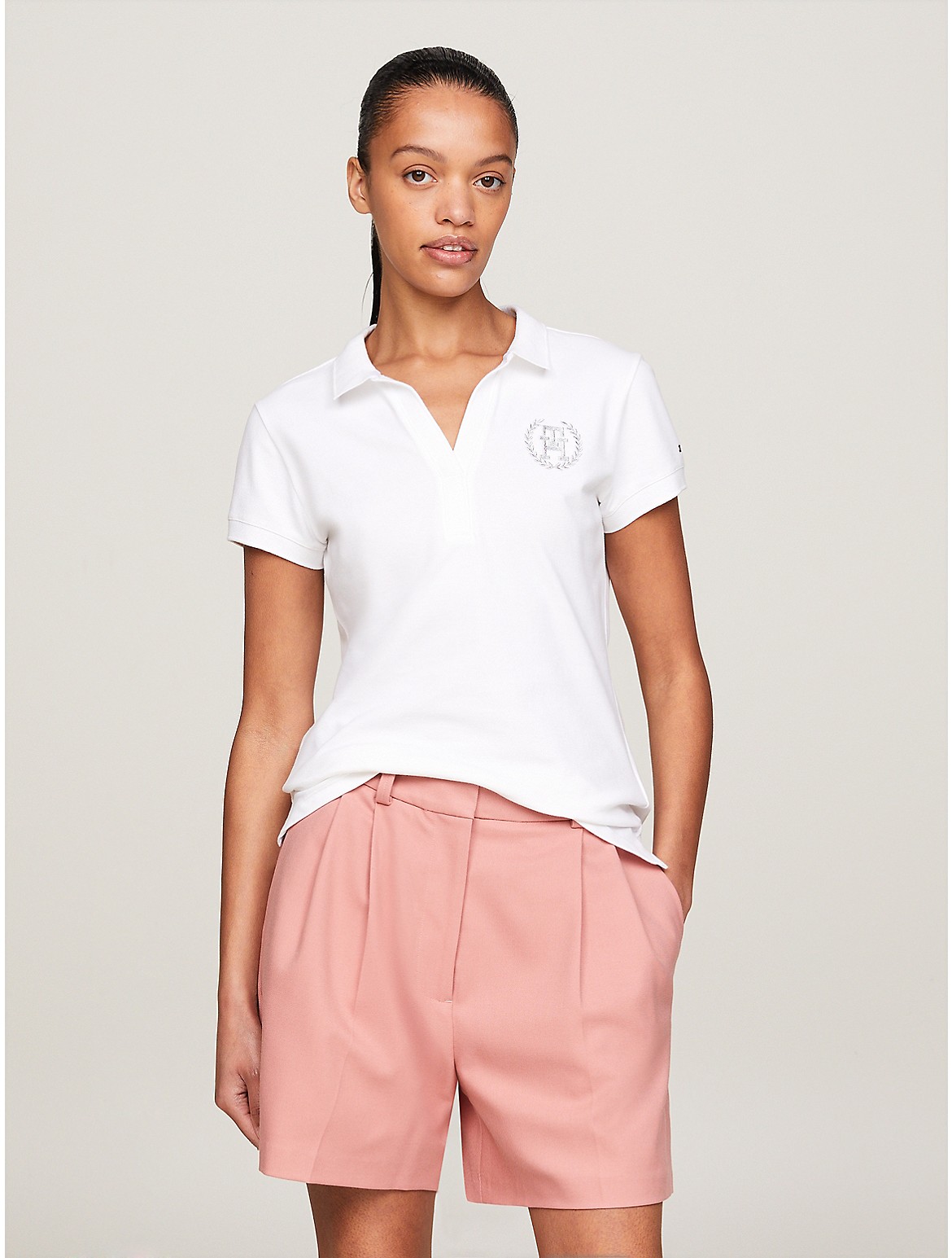 Shop Tommy Hilfiger Embroidered Laurel Open Placket Polo In Th Optic White