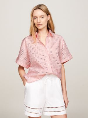 Allover Eyelet Camp Shirt, Light Pink Allover Brodery