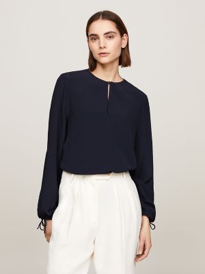 Relaxed Fit Keyhole Crepe Blouse, Navy