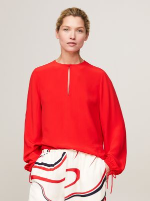 Relaxed Fit Keyhole Crepe Blouse, Fierce Red