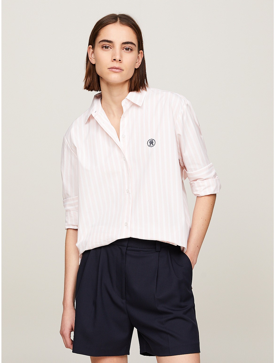 Shop Tommy Hilfiger Relaxed Fit Th Monogram Stripe Shirt In Bold Stripe/ Whimsy Pink