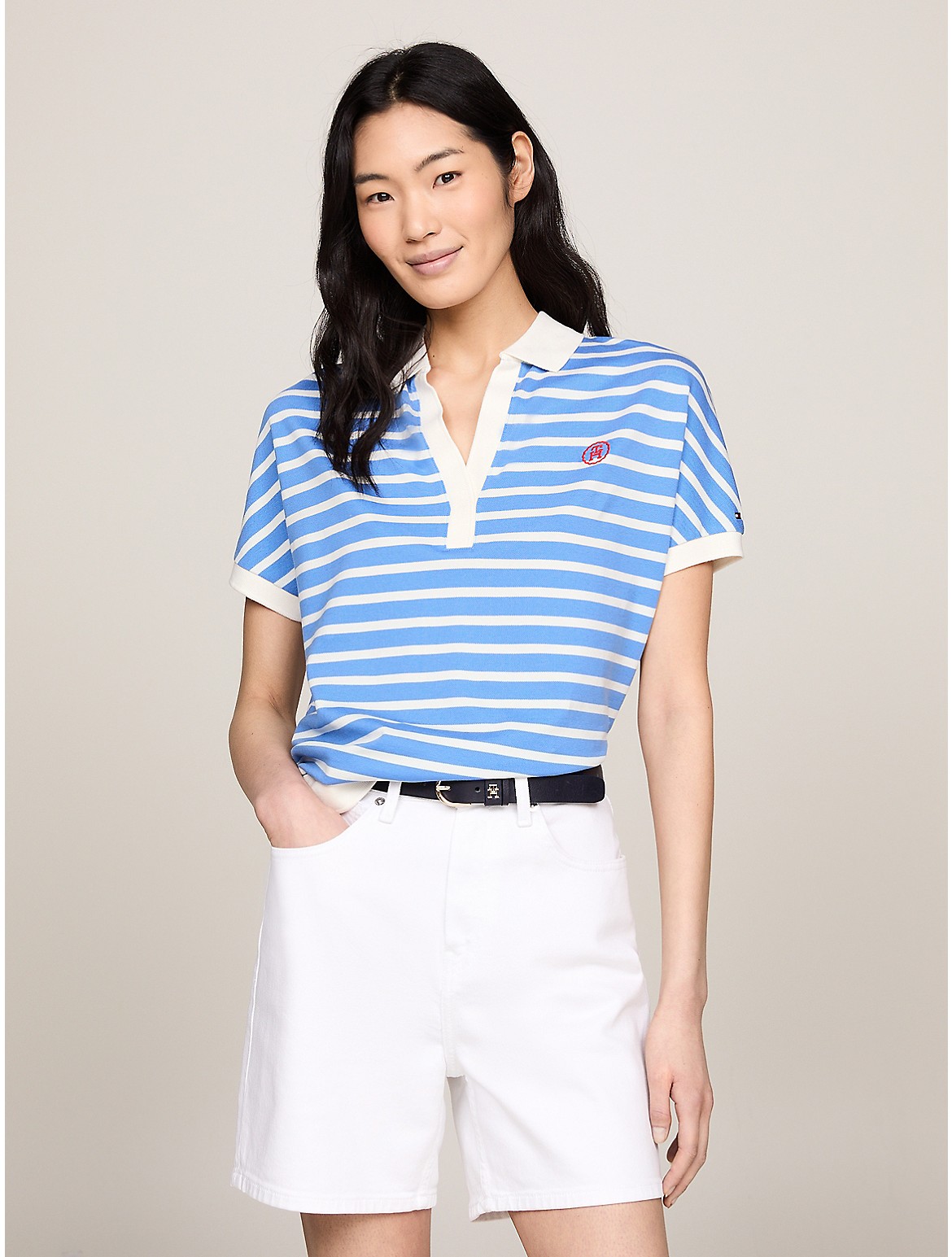 Tommy Hilfiger Women's Relaxed Fit Stripe Open Placket Polo