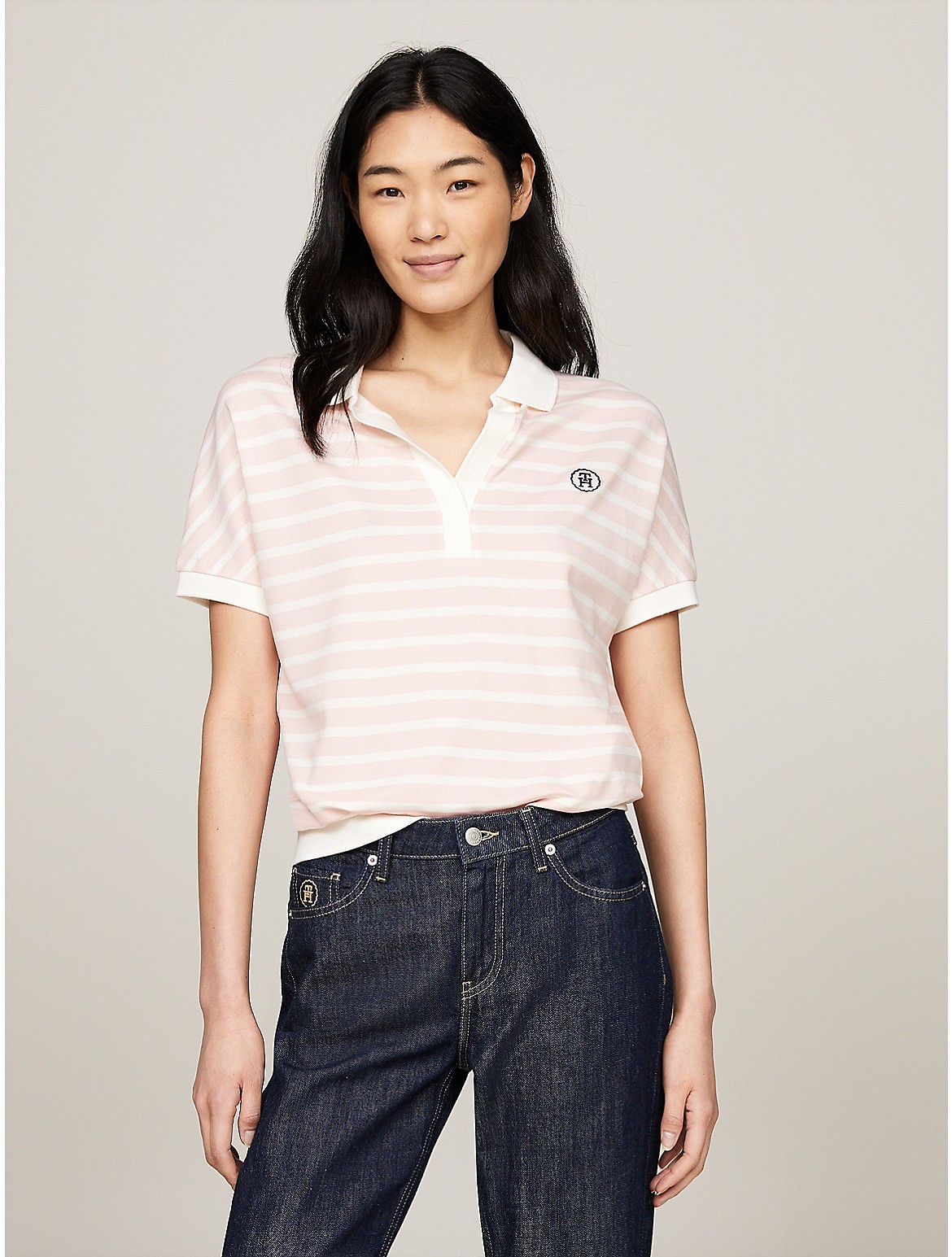 Tommy Hilfiger Relaxed Fit Stripe Open Placket Polo In Breton Ecru/whimsy Pink