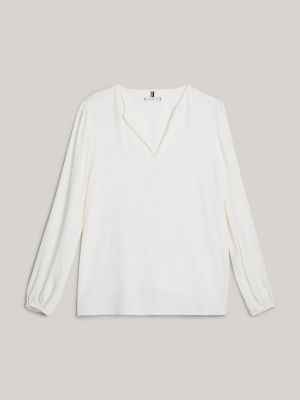 Relaxed Fit V-Neck Crepe Top, Ecru