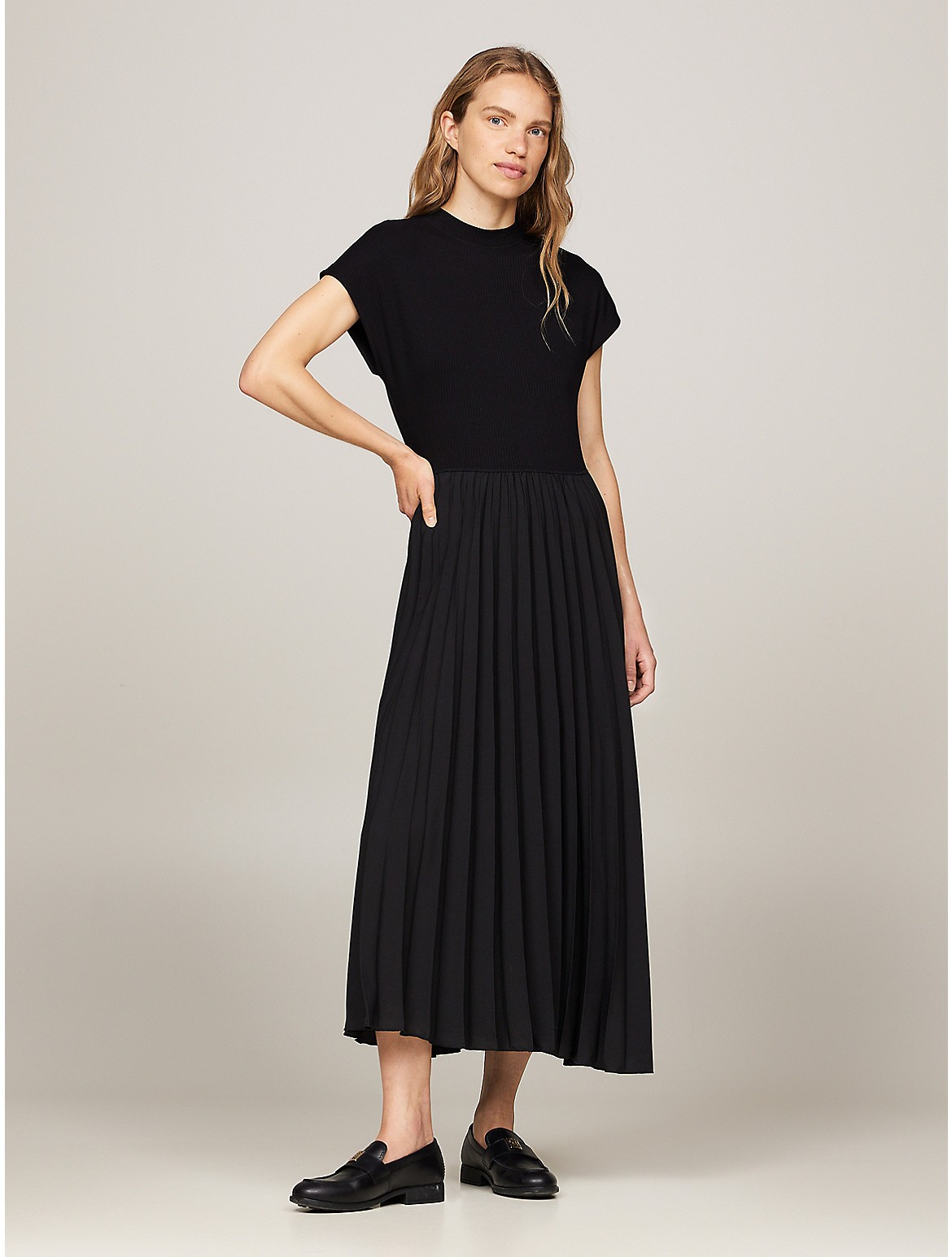 Shop Tommy Hilfiger Mockneck Pleated Midi Dress In Black