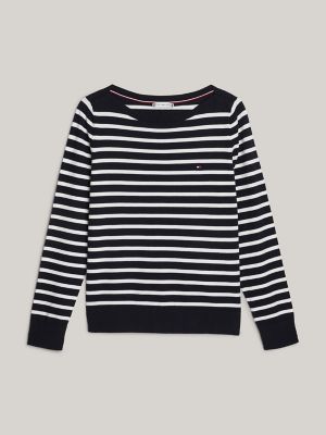 Boatneck Sweater, Navy/Ecru Stripe