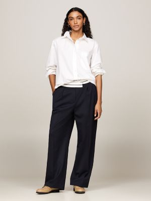 Wide-Leg Pleated Cross-Waistband Pant, Navy