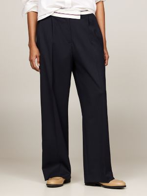 Wide-Leg Pleated Cross-Waistband Pant, Navy