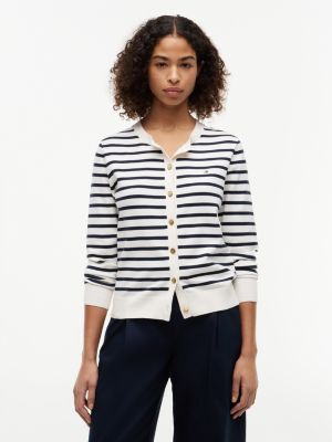 Organic Cotton Jersey Cardigan, Ivory Petal/Navy