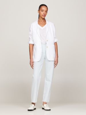 Solid Linen Blend Blazer, Th Optic White