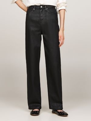 Coated High-Rise Relaxed-Straight Jean, Black Coated