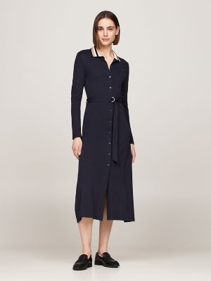 Slim Fit Belted Maxi Polo Dress, Navy
