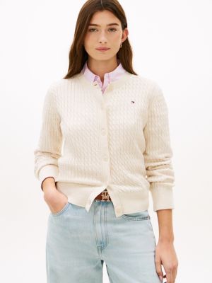 Lightweight Cable Knit Cardigan, Heather Ivory Petal