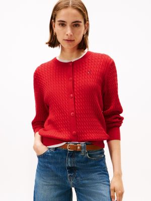 Lightweight Cable Knit Cardigan, Primary Red