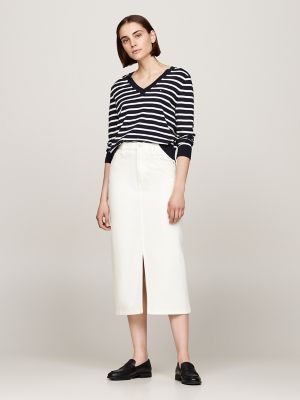 Denim Straight Fit Midi Skirt, Ecru