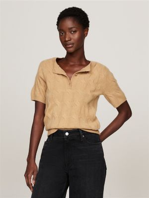 Wool Cable Knit Henley Sweater, Classic Khaki