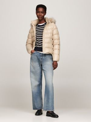 Hooded Water-Repellent Down Gloss Jacket, Beige