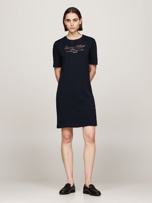 Tommy Hilfiger Women s Script Logo T Shirt Dress Navy Xs
