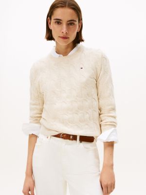 Wool Cable Knit Sweater, Heather Oatmilk