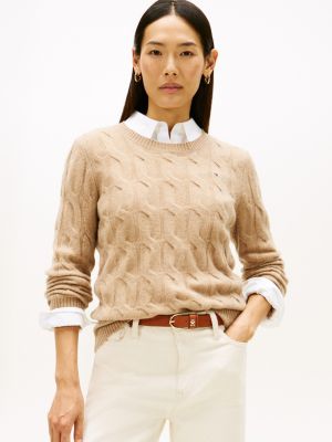 Wool Cable Knit Sweater, Safari Canvas Heather