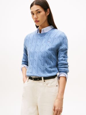 Wool Cable Knit Sweater, Brisk Blue