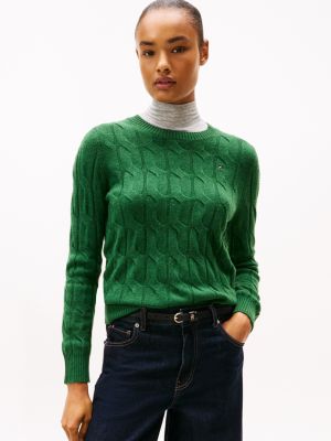 Wool Cable Knit Sweater, Deep Evergreen