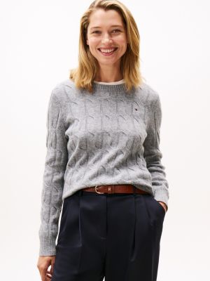 Wool Cable Knit Sweater, Mid Grey Heather