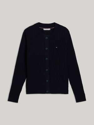 Cable Knit Crewneck Cardigan, Navy