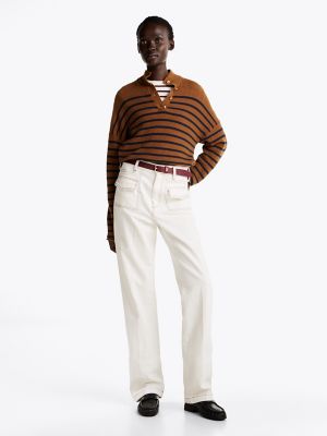 Contrast Stitch Relaxed Bootcut Jean, Ecru