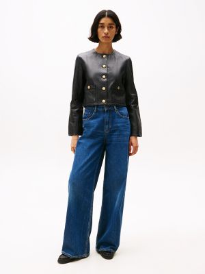 Cropped Collarless Leather Jacket, Black