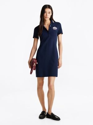 Embroidered Stretch Slim Fit Polo Dress, Dark Night Navy