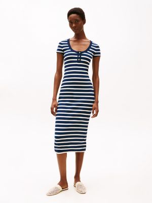 Slim Fit Gold-Button Midi Dress, Dark Night Navy / Calico Stripe