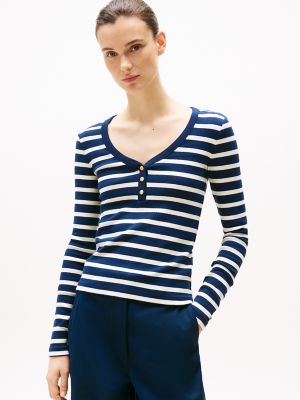 Slim Fit Gold-Button Scoop Neck Henley, Dark Night Navy / Calico Stripe