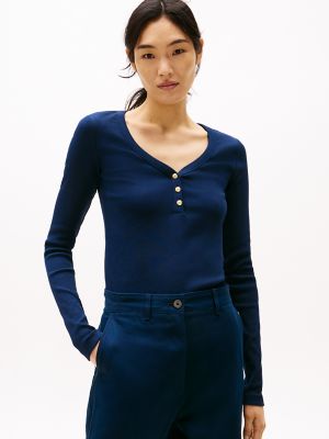 Slim Fit Gold-Button Scoop Neck Henley, Dark Night Navy