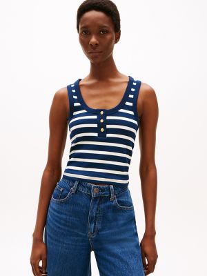 Slim Fit Gold-Button Scoop Neck Tank Top, Dark Night Navy / Calico Stripe