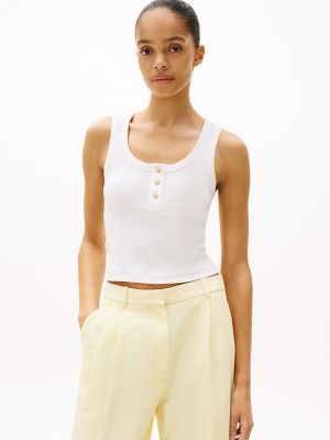 Slim Fit Gold-Button Scoop Neck Tank Top, Ecru