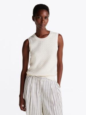 Mini Cable Knit Wool-Blend Sweater Tank, Heather Ivory Petal