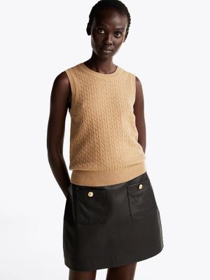 Mini Cable Knit Wool-Blend Sweater Tank, Safari Canvas