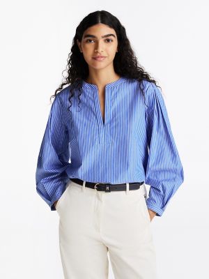 Poplin Pullover V-Neck Top, Blue Stripe