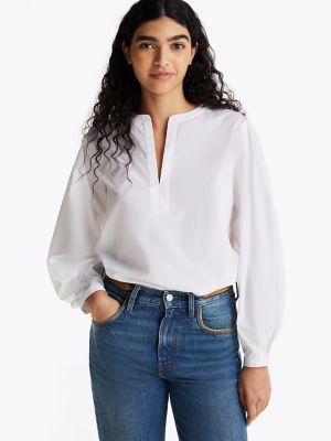 Poplin Pullover V-Neck Top, Optic White