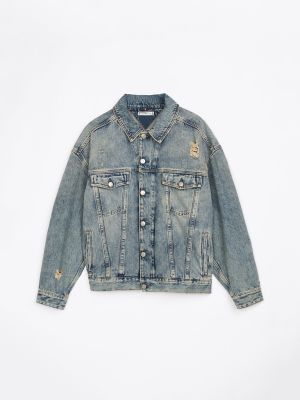 Oversized Distressed Denim Jacket, Washed Denim