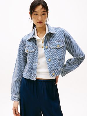 Cropped Stripe Denim Jacket, Denim Stripe