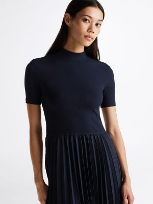 Short-Sleeve Mixed Media Midi Dress, Dark Night Navy